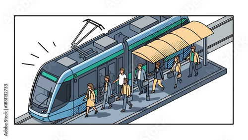 Modern urban tram station with commuters in isometric style