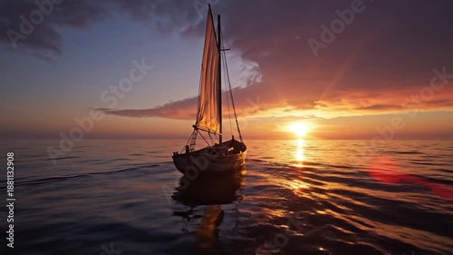 Small sailboat sailing through calm ocean water at sunset with beautiful vibrant colors in the sky.
