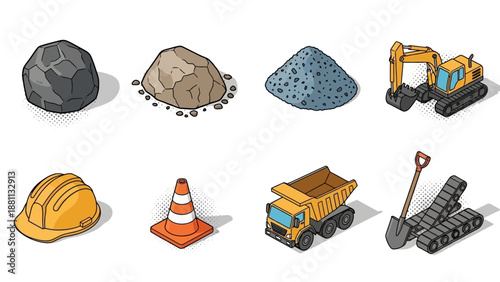 Construction equipment and materials: excavator, dump truck, hard hat, and more in comic style