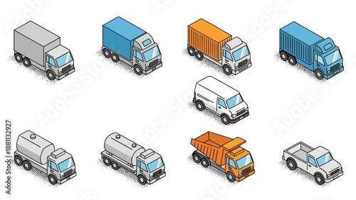 Variety of isometric trucks and vans in modern design for transportation concepts