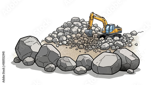Excavator working on rock pile in comic style art