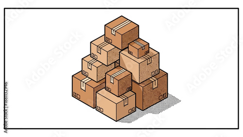 Isometric cardboard boxes pyramid with shadow on white background