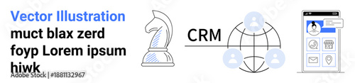 Business strategy, CRM systems, team communication, digital marketing, customer management, and online interaction. Chess knight, network and smartphone interface. Business strategy and CRM systems