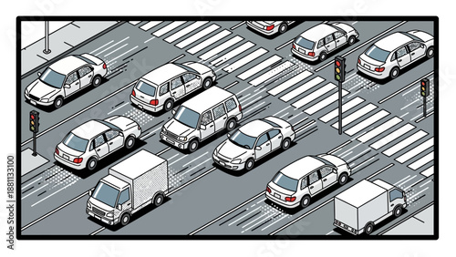 Isometric city traffic scene with cars at crosswalk and traffic lights