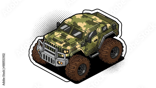Isometric camouflage monster truck with bold tires in comic style