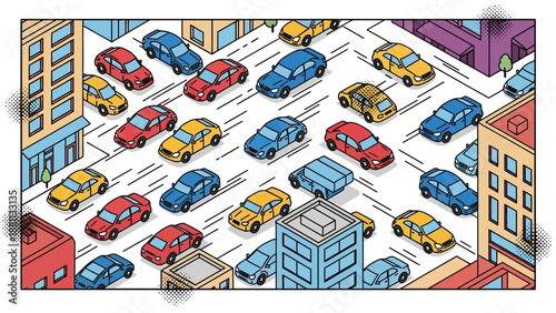 Colorful urban traffic scene with isometric cars and buildings
