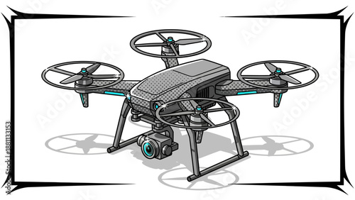 Modern drone with camera in detailed cartoon style on white background