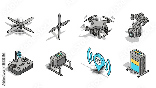 Isometric drone parts and accessories with camera and gps icons