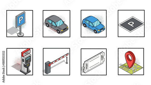Isometric parking elements with cars, ticket, and barrier in a grid design