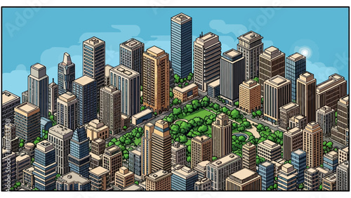 Isometric cityscape with skyscrapers surrounding central park