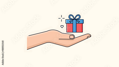 Hand Holding Gift Box with Ribbon.
