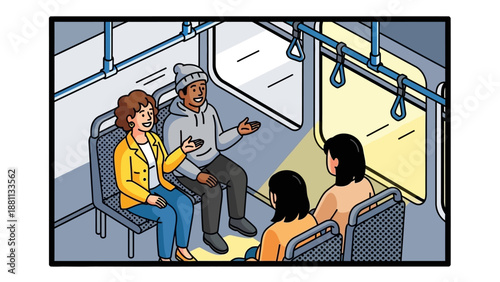 Conversation on public transit: people talking inside a modern bus