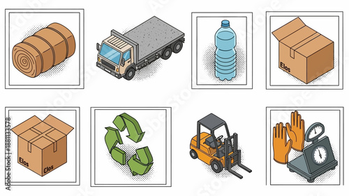 Isometric logistics icons featuring truck, packaging, and recycling symbols in modern style