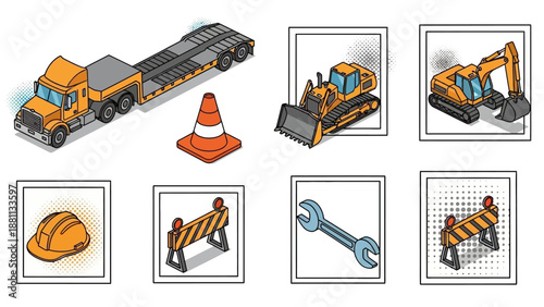 Isometric construction equipment and tools set: truck, bulldozer, excavator, safety gear