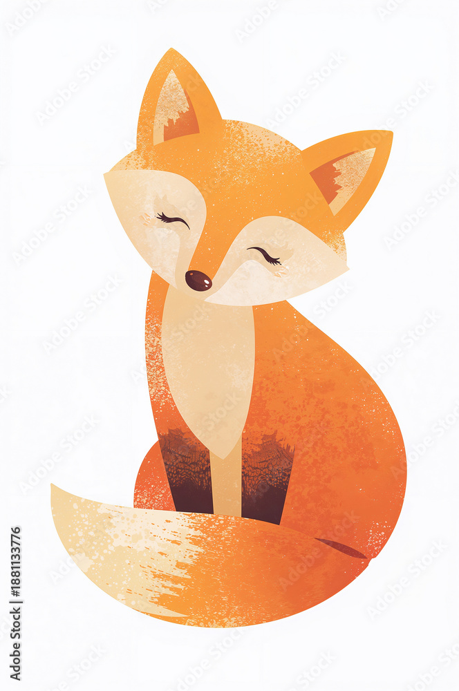 Fototapeta premium Cute illustrated orange fox with closed eyes sitting on a white background