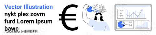 Female figure watering plants sprouting from the mind, Euro currency sign, and analytical data charts. Ideal for financial growth, investment, self-development, business strategy, analytics