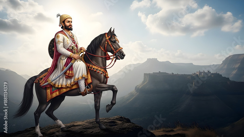Shivaji Maharaj warrior king horse rider mountain fort landscape rock hill sky cloud sun light nature outdoor history travel destination view