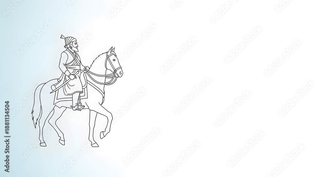Fototapeta premium King Shivaji Maharaj horse rider sword line art drawing history leader warrior royalty culture tradition power bravery
