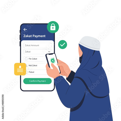 A Muslim man in a blue hijab and white cap making a Zakat Digital payment on his smartphone with a secure lock icon and a Zakat Payment interface on the screen.