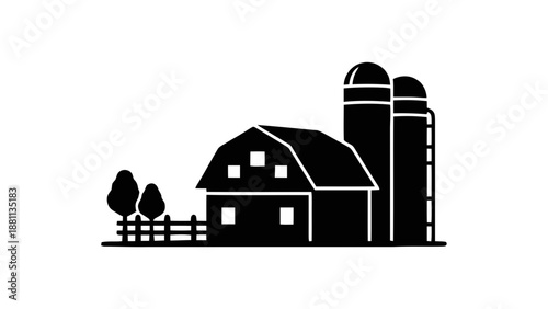 Vector illustration of a classic farm building with barn, silos, and fence on transparent background