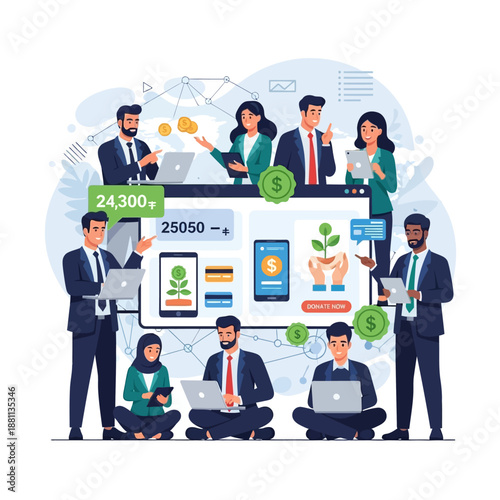 Illustration of business professionals engaged in fintech and zakat digital activities with technology, surrounded by financial graphics and icons in a modern setting.