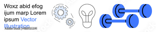 Innovation, fitness, creativity, mechanical process, technology, brainstorming. Light bulb, gears and dumbbells. Innovation and fitness concept with a blend of technology and ideas