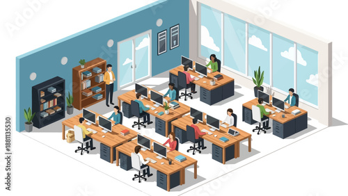 Modern open office workspace isometric design with diverse team collaborating