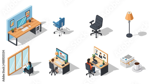 Modern office isometric workspace elements with desks, chairs, and decor