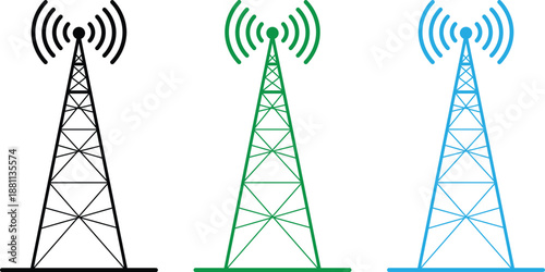 Radio Transmission Tower Icon Vector Set Wireless Signal Antenna Silhouette and Outline