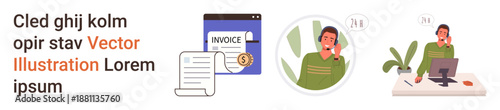 Business operations, invoicing systems, customer service, remote work, finance management, workplace communication. Illustrations of invoices, a support agent and a person working. Invoicing