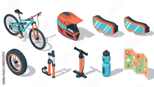 Isometric mountain biking gear: helmet, goggles, water bottle, map and more