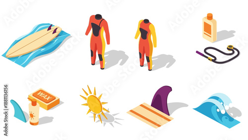 Isometric surfing gear collection with wet suits and sunblock essentials
