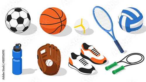 Colorful sports equipment collection: balls, rackets, and gear