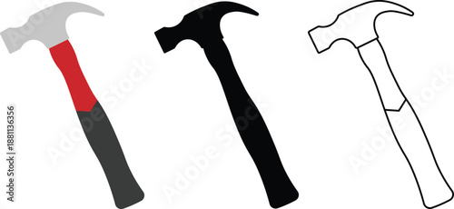 Hammer Tool Icon Vector Set Flat Silhouette and Outline Construction Tool