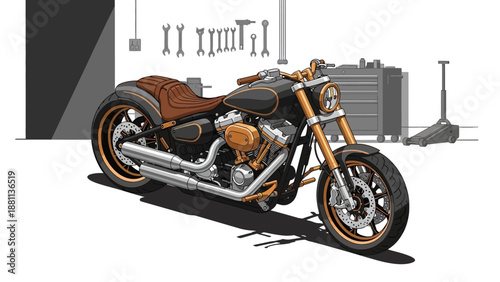 Custom motorcycle in modern garage with tools and equipment in bold style