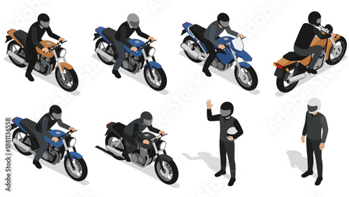 Isometric motorcyclists in various poses with helmets and bikes
