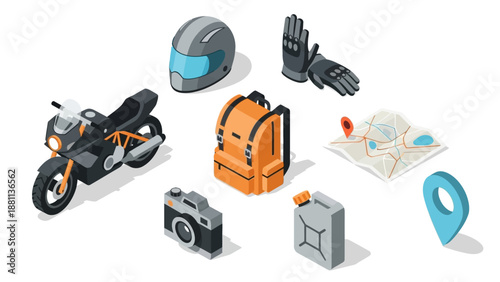 Isometric motorcycle adventure gear and navigation icons collection