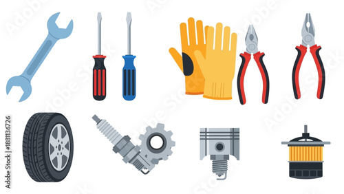 Essential garage tools and equipment in flat design for diy projects