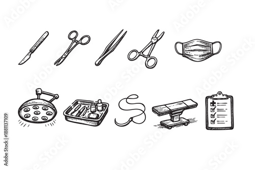 Black and white sketch shows surgical tools, equipment, including mask, forceps, and a checklist, isolated on a white background.