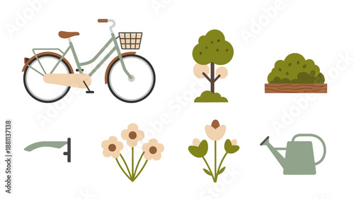 Charming flat design elements of a bicycle, trees, flowers, and gardening tools