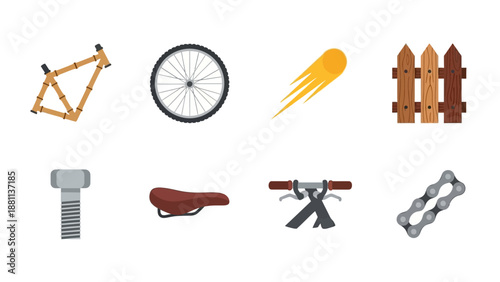 Bicycle parts and repair objects set: wheels, frame, seat, chain, tools, and accessories