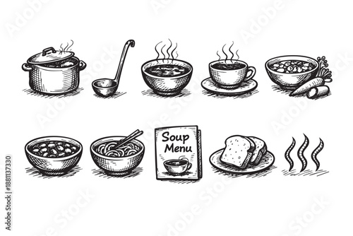 Hand-drawn vector illustration of soup elements, including bowls, pots, ladles, and menu, conveying a cozy, nostalgic feeling perfect for culinary-themed projects.