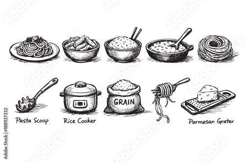 Line art style illustration showing multiple kitchen utensils for cooking Italian food, pasta, grains, and cheese, can be used for menus or recipe design.