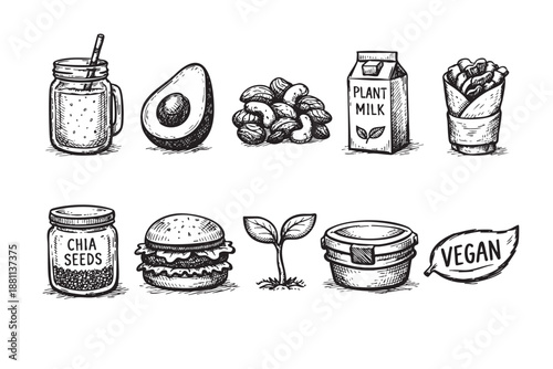Hand drawn illustration of vegan food elements: smoothie, avocado, nuts, plant milk, wrap, chia seeds, burger, sprout, lunchbox and leaf.