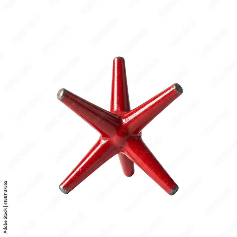 Obraz premium Sharp focus 8k red metal jack (toy), isolated on transparent background. Vintage game aesthetic for retro designs, childhood nostalgia, educational content, toy promotions, and summer fun graphics.