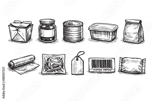 A sketched illustration of assorted food and retail packaging, including a takeout box, jars, cans, plastic container, paper bag, foil, snack, label, and barcode on a white background.