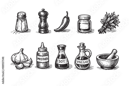 Illustration of hand-drawn cooking spices and culinary ingredients on a plain white background, suitable for recipe books or food blog decorations.