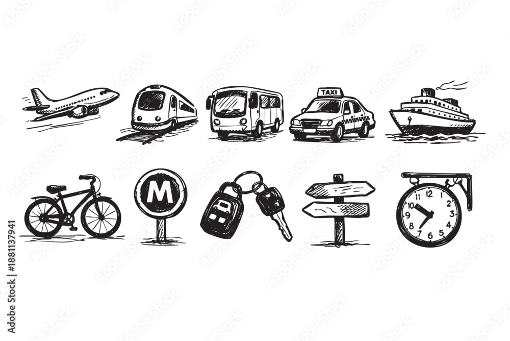 Naklejka premium A collection of black and white sketch drawings of different modes of transport; including a plane, train, bus, taxi, ship, bicycle, keys, and more.