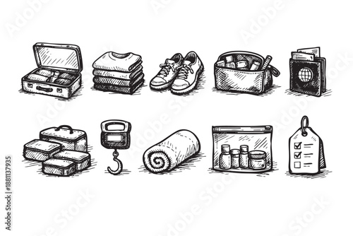 Sketch illustration showing travel items including suitcase, clothes, shoes, passport, toiletry bag, scale, towel, luggage label, packing for vacation.