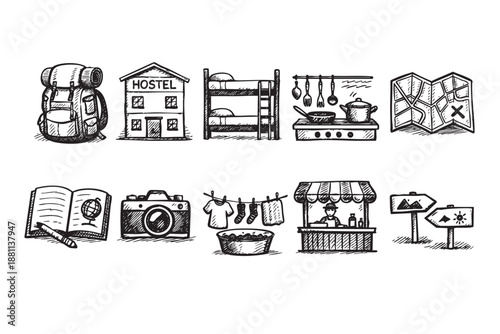 A set of hand-drawn travel icons depicts budget backpacking including hostel, map, cooking, and camera in a sketch style on a white background. Use for blogs or infographics.